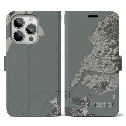 【ウラジオストク（ロシア）】地図柄iPhoneケース（手帳タイプ）モノトーン・iPhone 15 Pro 用