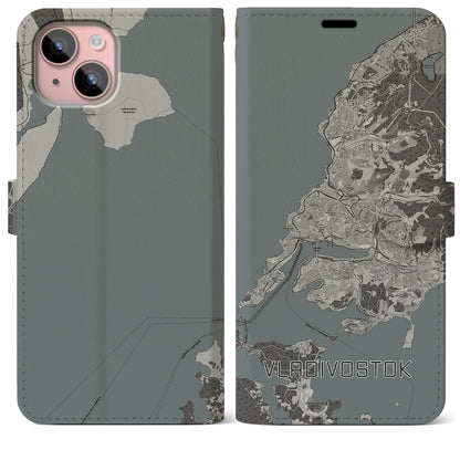 【ウラジオストク（ロシア）】地図柄iPhoneケース（手帳タイプ）モノトーン・iPhone 15 Plus 用