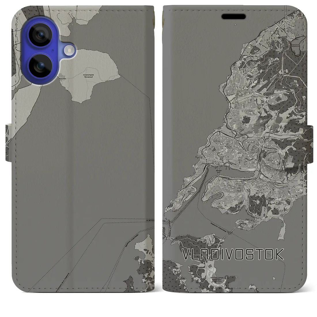 【ウラジオストク(ロシア)】地図柄iPhoneケース(手帳タイプ)モノトーン・iPhone 16 Pro Max 用