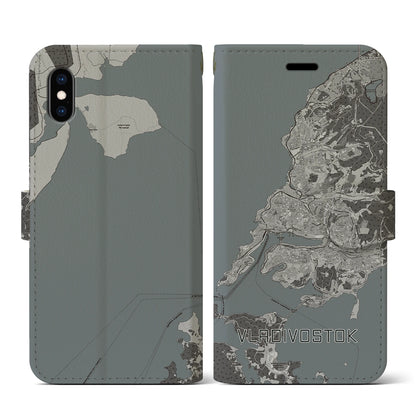 【ウラジオストク（ロシア）】地図柄iPhoneケース（手帳タイプ）モノトーン・iPhone XS / X 用