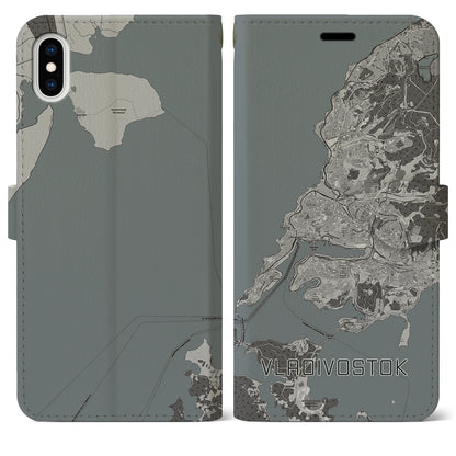 【ウラジオストク（ロシア）】地図柄iPhoneケース（手帳タイプ）モノトーン・iPhone XS Max 用