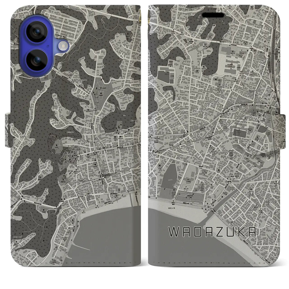 【和田塚(神奈川県)】地図柄iPhoneケース(手帳タイプ)モノトーン・iPhone 16 Pro Max 用