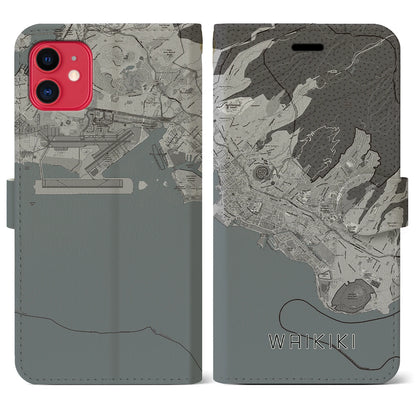 【ワイキキ2（アメリカ）】地図柄iPhoneケース（手帳タイプ）モノトーン・iPhone 11 用
