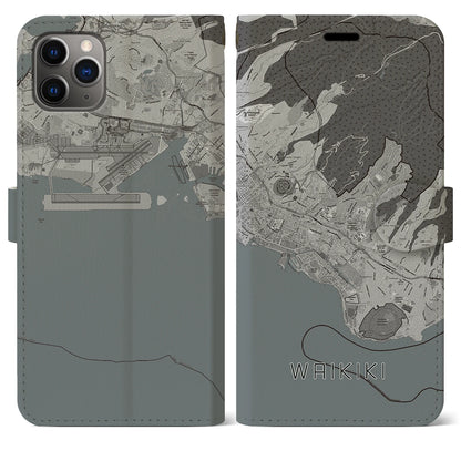 【ワイキキ2（アメリカ）】地図柄iPhoneケース（手帳タイプ）モノトーン・iPhone 11 Pro Max 用