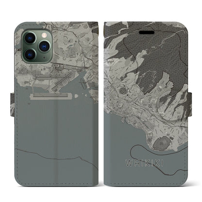 【ワイキキ2（アメリカ）】地図柄iPhoneケース（手帳タイプ）モノトーン・iPhone 11 Pro 用