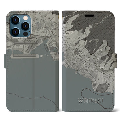 【ワイキキ2（アメリカ）】地図柄iPhoneケース（手帳タイプ）モノトーン・iPhone 12 / 12 Pro 用