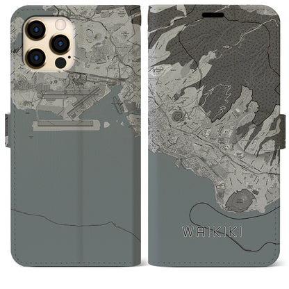 【ワイキキ2（アメリカ）】地図柄iPhoneケース（手帳タイプ）モノトーン・iPhone 12 Pro Max 用
