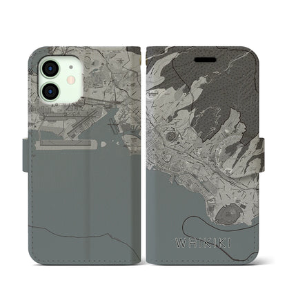 【ワイキキ2（アメリカ）】地図柄iPhoneケース（手帳タイプ）モノトーン・iPhone 12 mini 用