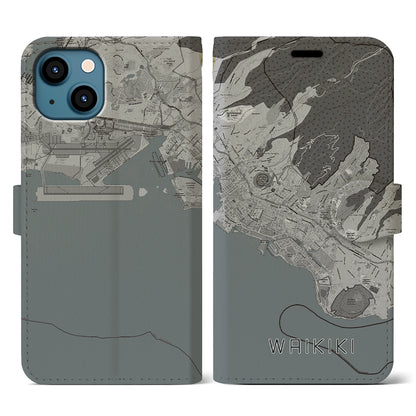【ワイキキ2（アメリカ）】地図柄iPhoneケース（手帳タイプ）モノトーン・iPhone 13 用