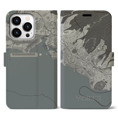 【ワイキキ2（アメリカ）】地図柄iPhoneケース（手帳タイプ）モノトーン・iPhone 13 Pro 用