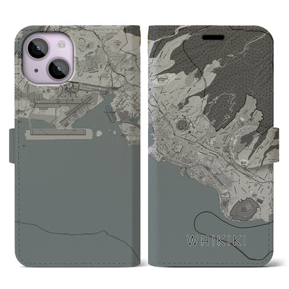 【ワイキキ2（アメリカ）】地図柄iPhoneケース（手帳タイプ）モノトーン・iPhone 14 用