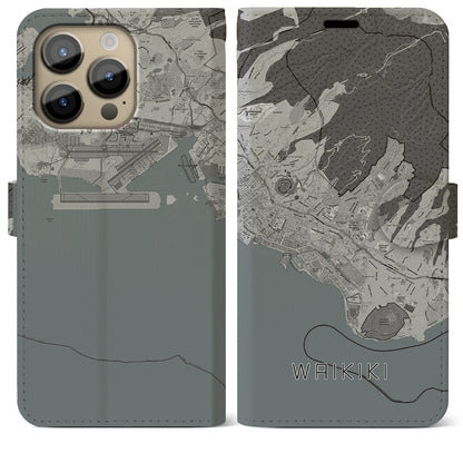 【ワイキキ2（アメリカ）】地図柄iPhoneケース（手帳タイプ）モノトーン・iPhone 14 Pro Max 用