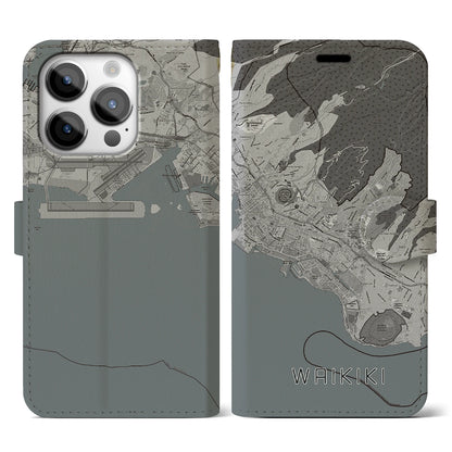 【ワイキキ2（アメリカ）】地図柄iPhoneケース（手帳タイプ）モノトーン・iPhone 14 Pro 用
