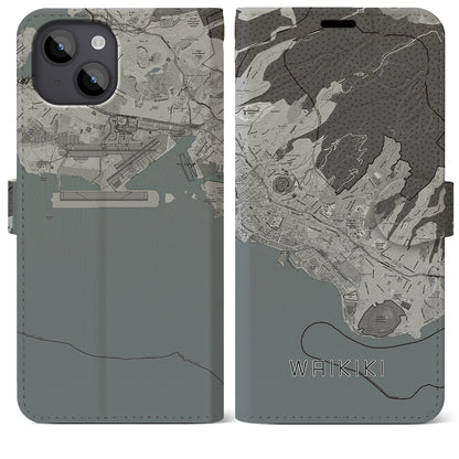 【ワイキキ2（アメリカ）】地図柄iPhoneケース（手帳タイプ）モノトーン・iPhone 14 Plus 用