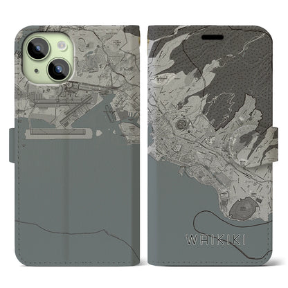 【ワイキキ2（アメリカ）】地図柄iPhoneケース（手帳タイプ）モノトーン・iPhone 15 用