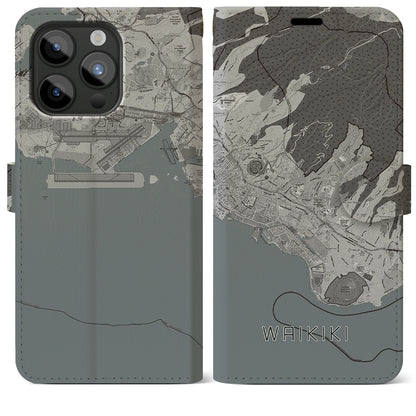 【ワイキキ2（アメリカ）】地図柄iPhoneケース（手帳タイプ）モノトーン・iPhone 15 Pro Max 用