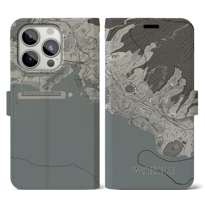 【ワイキキ2（アメリカ）】地図柄iPhoneケース（手帳タイプ）モノトーン・iPhone 15 Pro 用