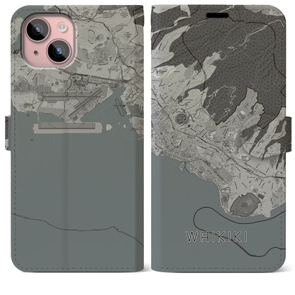 【ワイキキ2（アメリカ）】地図柄iPhoneケース（手帳タイプ）モノトーン・iPhone 15 Plus 用