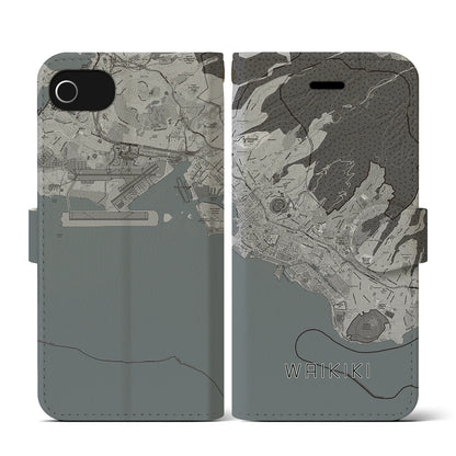 【ワイキキ2（アメリカ）】地図柄iPhoneケース（手帳タイプ）モノトーン・iPhone SE（第3 / 第2世代） / 8 / 7 / 6s / 6 用