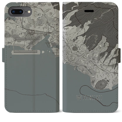 【ワイキキ2（アメリカ）】地図柄iPhoneケース（手帳タイプ）モノトーン・iPhone 8Plus /7Plus / 6sPlus / 6Plus 用