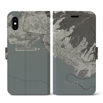 【ワイキキ2（アメリカ）】地図柄iPhoneケース（手帳タイプ）モノトーン・iPhone XS / X 用