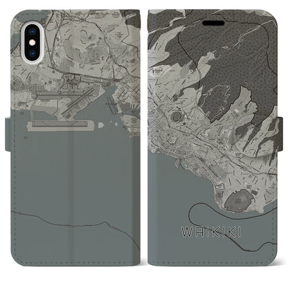 【ワイキキ2（アメリカ）】地図柄iPhoneケース（手帳タイプ）モノトーン・iPhone XS Max 用