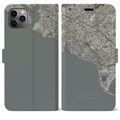 【ワイキキ（アメリカ）】地図柄iPhoneケース（手帳タイプ）モノトーン・iPhone 11 Pro Max 用