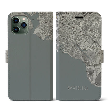 【ワイキキ（アメリカ）】地図柄iPhoneケース（手帳タイプ）モノトーン・iPhone 11 Pro 用