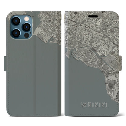 【ワイキキ（アメリカ）】地図柄iPhoneケース（手帳タイプ）モノトーン・iPhone 12 / 12 Pro 用