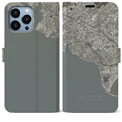 【ワイキキ（アメリカ）】地図柄iPhoneケース（手帳タイプ）モノトーン・iPhone 13 Pro Max 用