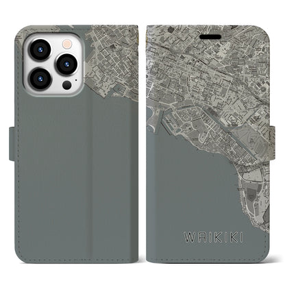 【ワイキキ（アメリカ）】地図柄iPhoneケース（手帳タイプ）モノトーン・iPhone 13 Pro 用