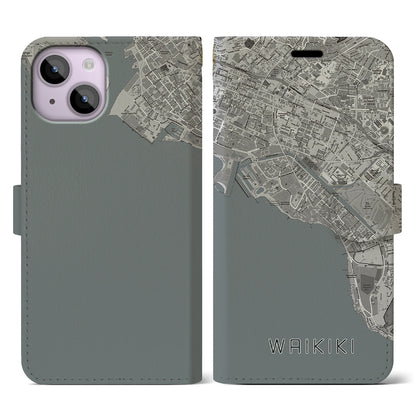 【ワイキキ（アメリカ）】地図柄iPhoneケース（手帳タイプ）モノトーン・iPhone 14 用