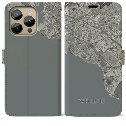 【ワイキキ（アメリカ）】地図柄iPhoneケース（手帳タイプ）モノトーン・iPhone 14 Pro Max 用