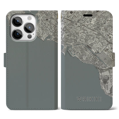 【ワイキキ（アメリカ）】地図柄iPhoneケース（手帳タイプ）モノトーン・iPhone 14 Pro 用
