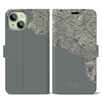 【ワイキキ（アメリカ）】地図柄iPhoneケース（手帳タイプ）モノトーン・iPhone 15 用
