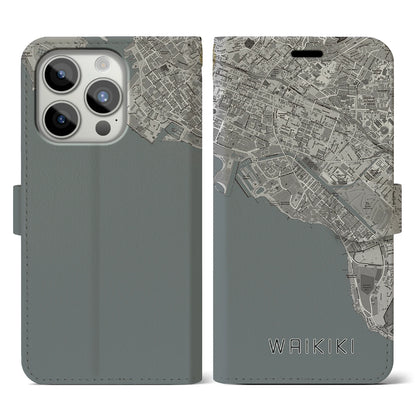 【ワイキキ（アメリカ）】地図柄iPhoneケース（手帳タイプ）モノトーン・iPhone 15 Pro 用