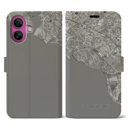 【ワイキキ（アメリカ）】地図柄iPhoneケース（手帳タイプ）モノトーン・iPhone 16 Pro 用