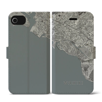 【ワイキキ（アメリカ）】地図柄iPhoneケース（手帳タイプ）モノトーン・iPhone SE（第3 / 第2世代） / 8 / 7 / 6s / 6 用