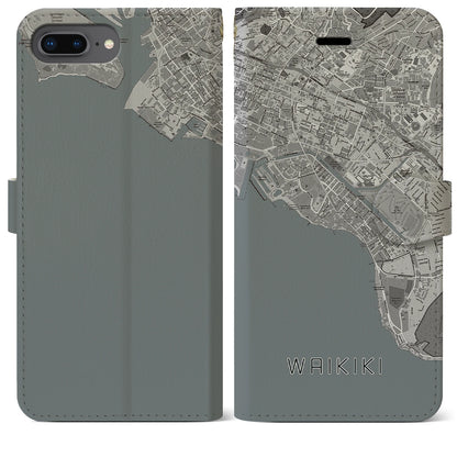 【ワイキキ（アメリカ）】地図柄iPhoneケース（手帳タイプ）モノトーン・iPhone 8Plus /7Plus / 6sPlus / 6Plus 用