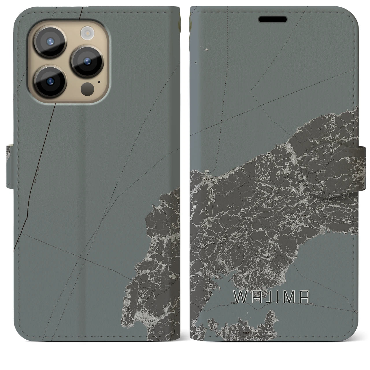 【輪島】地図柄iPhoneケース（手帳両面タイプ・モノトーン）iPhone 14 Pro Max 用