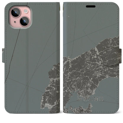 【輪島（石川県）】地図柄iPhoneケース（手帳タイプ）モノトーン・iPhone 15 Plus 用