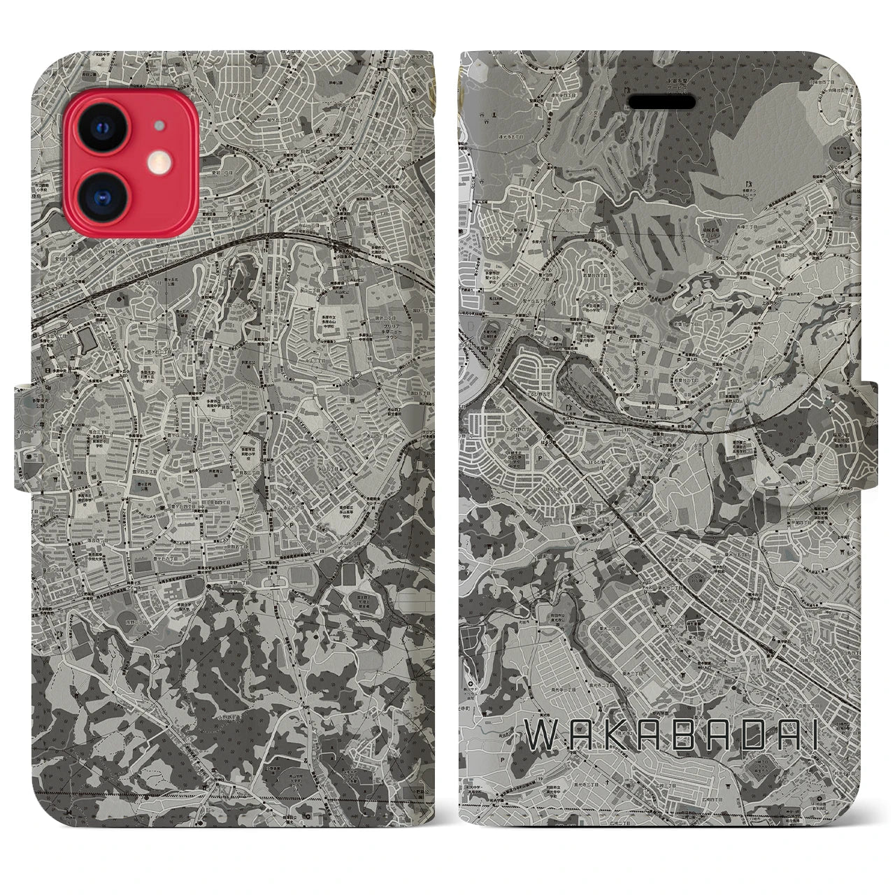 【若葉台（神奈川県）】地図柄iPhoneケース（手帳タイプ）モノトーン・iPhone 11 用