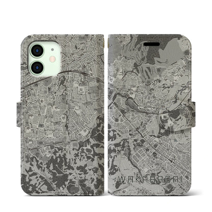 【若葉台（神奈川県）】地図柄iPhoneケース（手帳タイプ）モノトーン・iPhone 12 mini 用