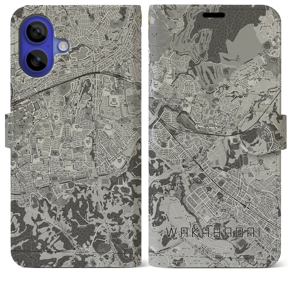 【若葉台(神奈川県)】地図柄iPhoneケース(手帳タイプ)モノトーン・iPhone 16 Pro Max 用