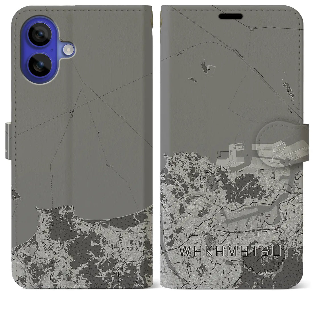 【若松(福岡県)】地図柄iPhoneケース(手帳タイプ)モノトーン・iPhone 16 Pro Max 用