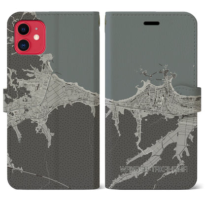 【若狭高浜（福井県）】地図柄iPhoneケース（手帳タイプ）モノトーン・iPhone 11 用