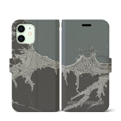 【若狭高浜（福井県）】地図柄iPhoneケース（手帳タイプ）モノトーン・iPhone 12 mini 用