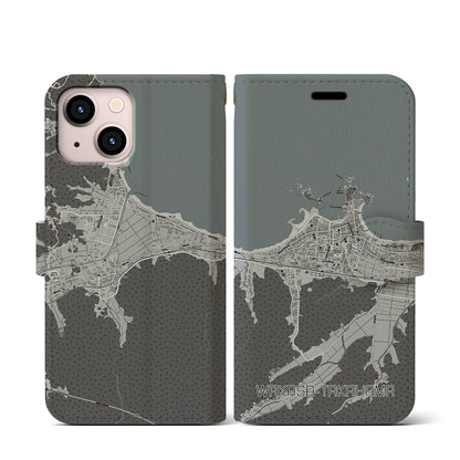 【若狭高浜（福井県）】地図柄iPhoneケース（手帳タイプ）モノトーン・iPhone 13 mini 用