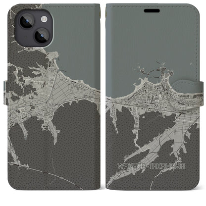 【若狭高浜（福井県）】地図柄iPhoneケース（手帳タイプ）モノトーン・iPhone 14 Plus 用