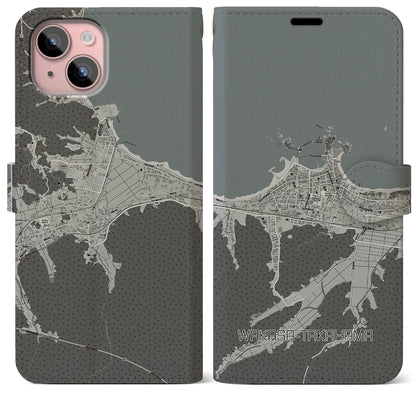 【若狭高浜（福井県）】地図柄iPhoneケース（手帳タイプ）モノトーン・iPhone 15 Plus 用